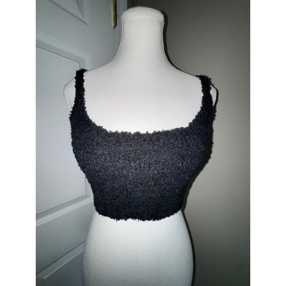 SKIMS Cozy Knit Crop Tank‎ Top Black Fuzzy Soft Lounge Bralette Cami S/M NWT